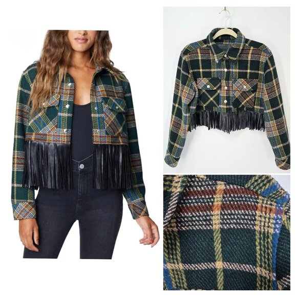 Blank NYC Green Plaid Crop Shacket with Fringe Jacket Women's Size Small FLAWED - Picture 1 of 11